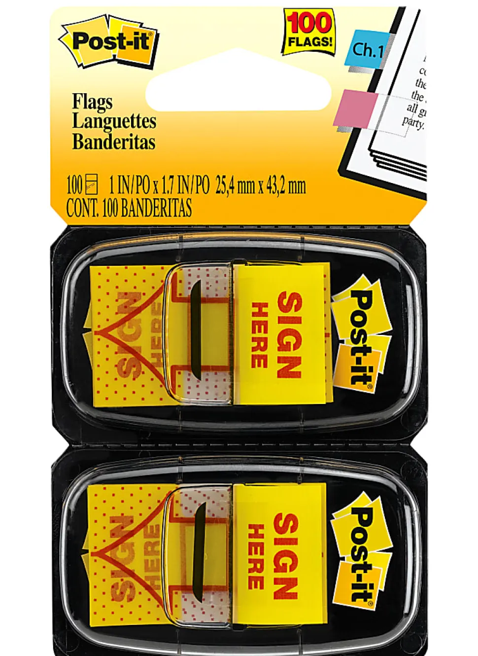Post-it® Flags, 1 in. x 1.7 in., 2 Dispensers, 50 Flags/Dispenser, Yellow, Printed "Sign Here", School Supplies for Students, Flags for Textbooks