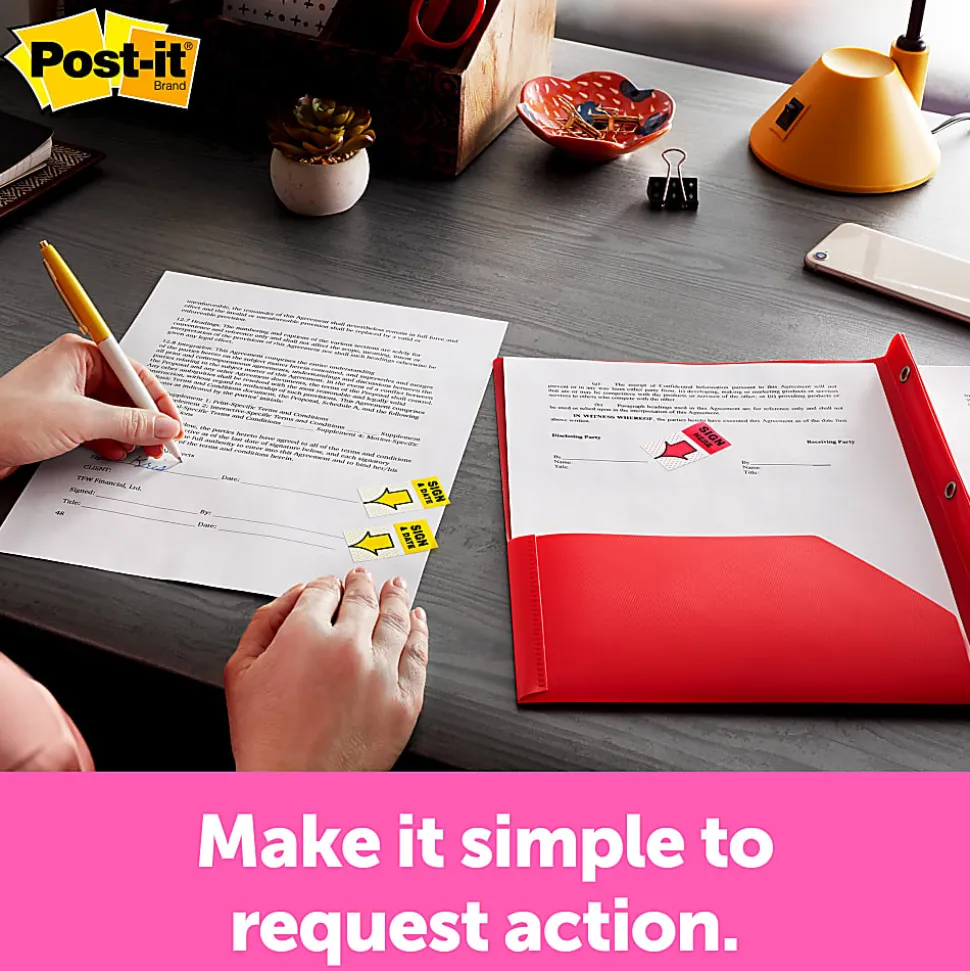 Post-it® Flags, 1 in. x 1.7 in., 2 Dispensers, 50 Flags/Dispenser, Yellow, Printed "Sign Here", School Supplies for Students, Flags for Textbooks