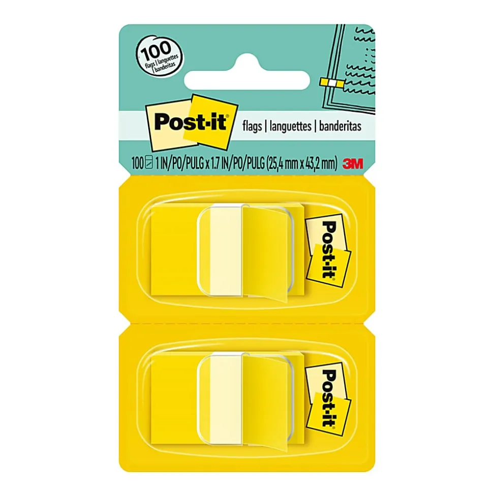 Post-it® Flags, 1 in. x 1.7 in., 2 Dispensers, 50 Flags/Dispenser, Yellow, School Supplies for Students, Tabs for Textbooks and Notebooks