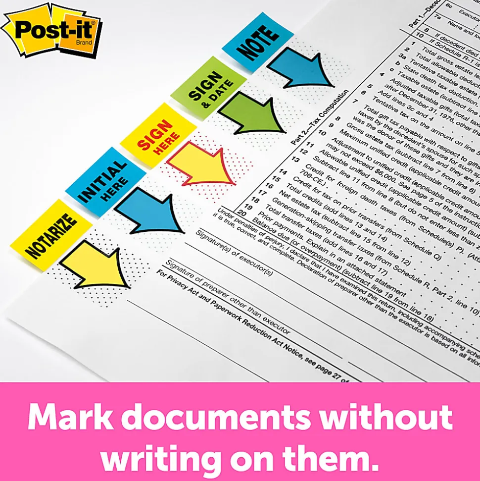Post-it® Flags, 1 in. x 1.7 in., 1 Dispenser, 200 Flags/Dispenser, Yellow, Printed "Sign Here", Desk Grip Dispenser, School Supplies for Students