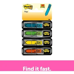 Post-it® Flags, .47 in. x 1.7 in., 4 Dispensers, 20 Flags/Dispenser, Assorted Bright Colors, 