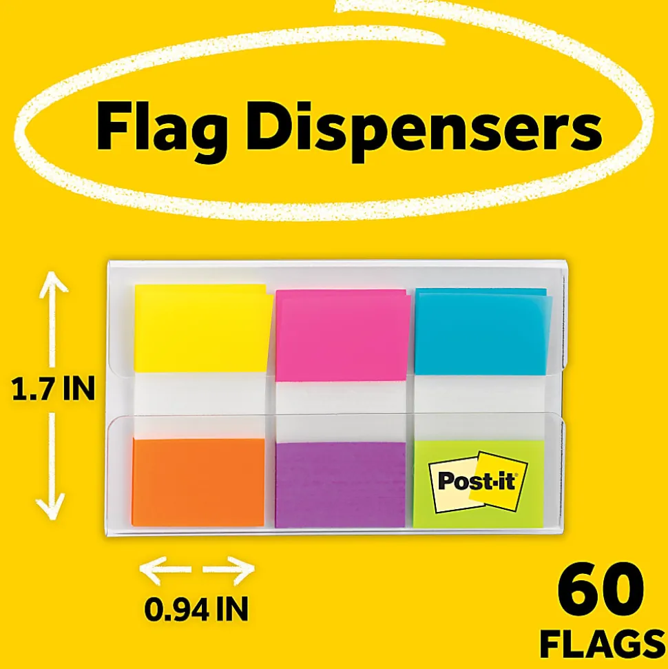 Post-it® Flags, 1" x 1 7/10", Assorted Electric Glow Colors, Pack Of 60 Flags