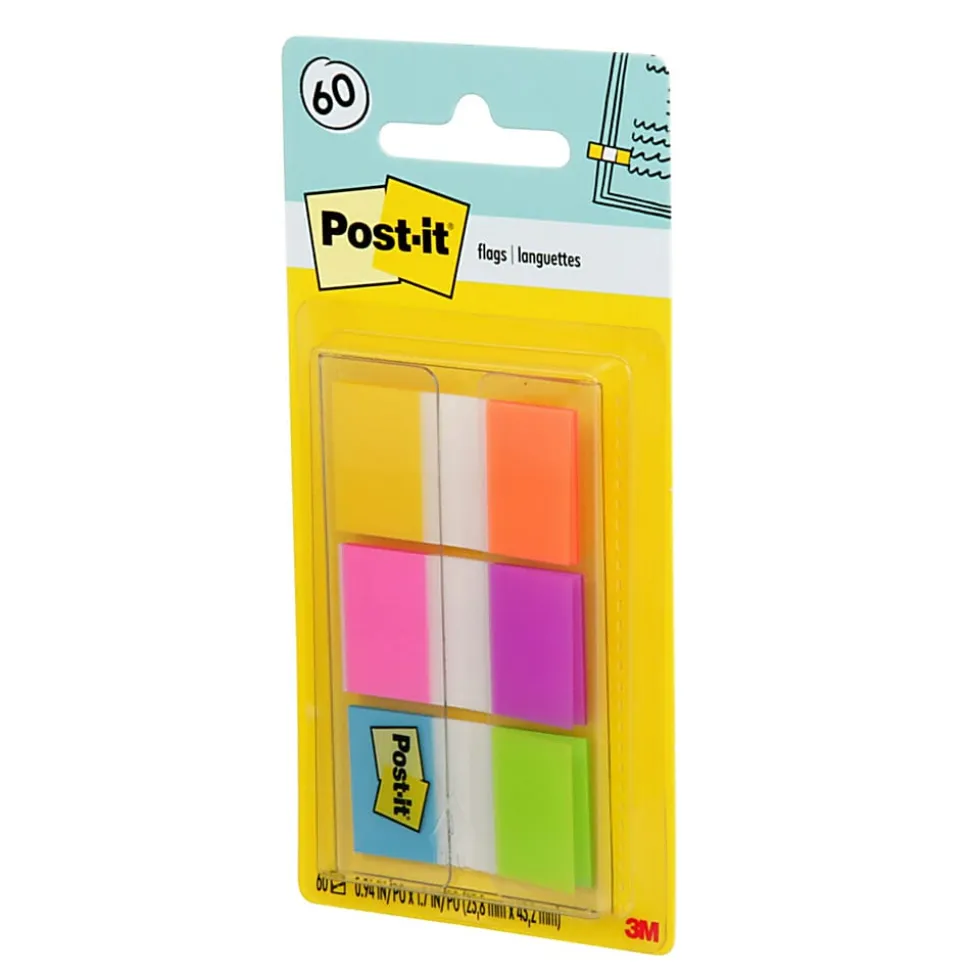 Post-it® Flags, 1" x 1 7/10", Assorted Electric Glow Colors, Pack Of 60 Flags