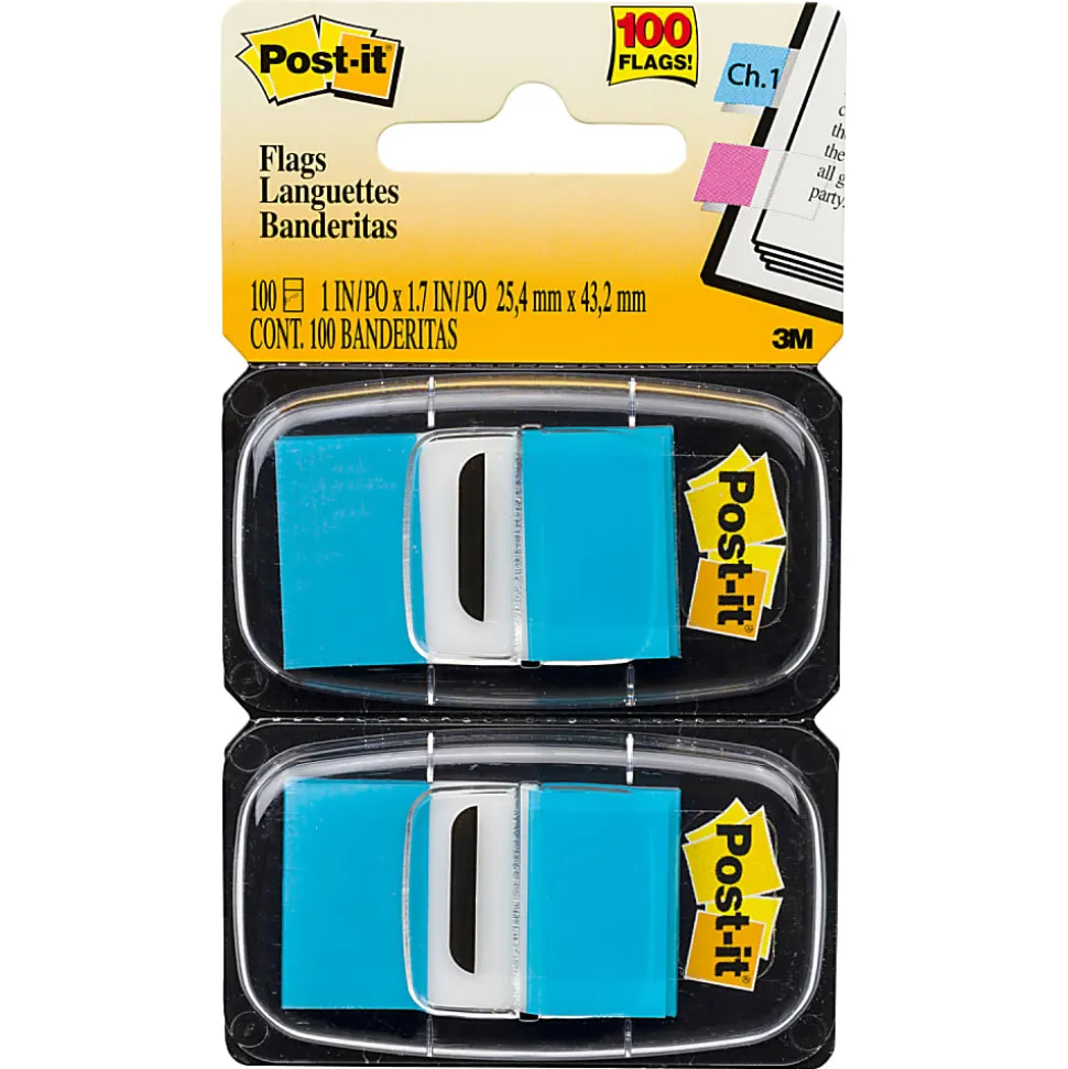 Post it® Flags, 1" x 1 7/10", Bright Blue, 50 Flags Per Pad, Pack Of 2 Pads