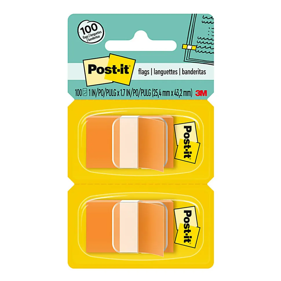 Post-it® Flags, 1" x 1 -11/16", Orange, 50 Flags Per Pad, Pack Of 2 Pads