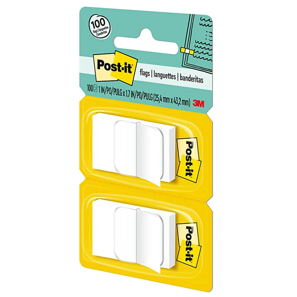 Post-it® Flags, 1" x 1 -11/16", White, 50 Flags Per Pad, Pack Of 2 Pads