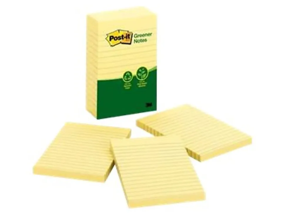 Post-it® Greener Notes, 4 in x 6 in, 5 Pads, 100 Sheets/Pad, Clean Removal, Canary Yellow, Lined