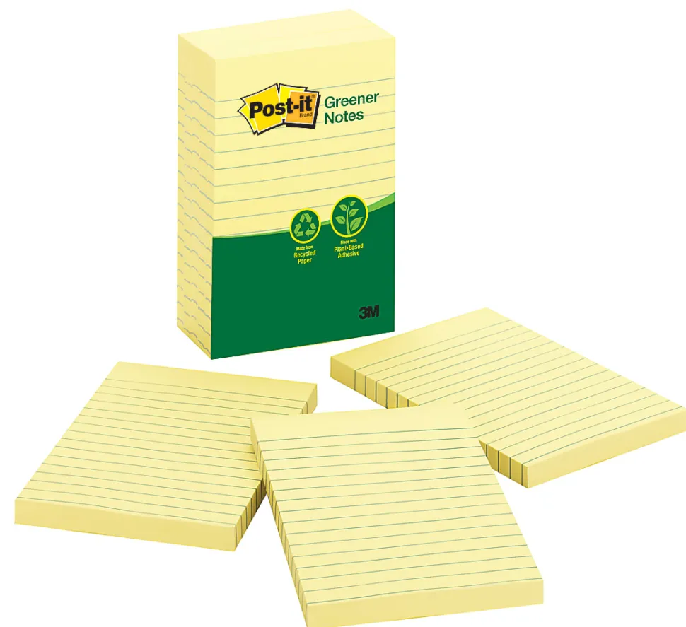 Post-it® Greener Notes, 4 in x 6 in, 5 Pads, 100 Sheets/Pad, Clean Removal, Canary Yellow, Lined
