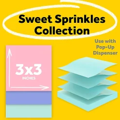Post-it® Greener 100% Recycled Paper Pop Up Notes, 3 x 3 in, 12 Sticky Note Pads, 100 Sheets/Pad, Accordion Sticky Notes, Sweet Sprinkles