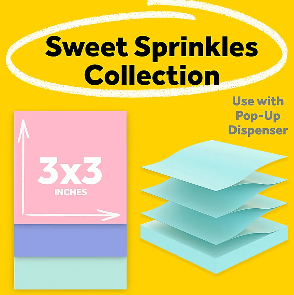 Post-it® Greener 100% Recycled Paper Pop Up Notes, 3 x 3 in, 12 Sticky Note Pads, 100 Sheets/Pad, Accordion Sticky Notes, Sweet Sprinkles