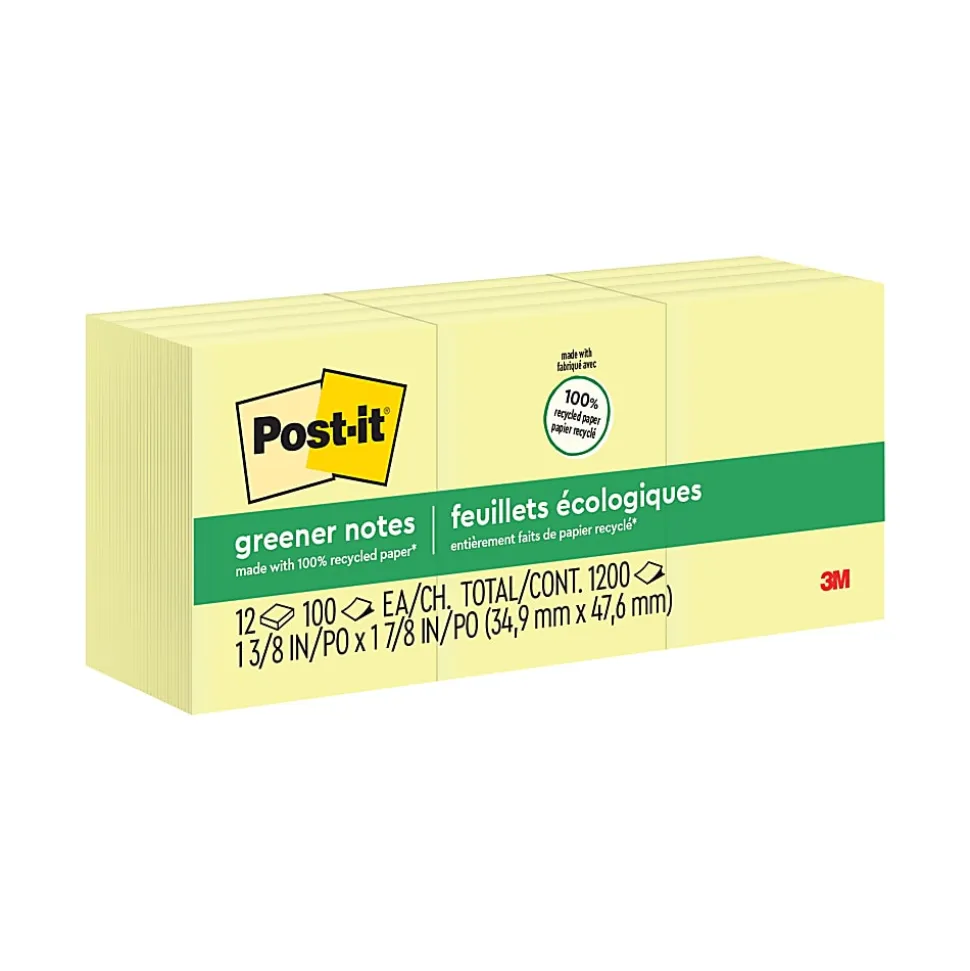 Post-it® Greener 100% Recycled Paper Notes, 1.38 x 1.88 in, 12 Mini Sticky Note Pads, 100 Sheets/Pad, School and Office Supplies, Canary Yellow