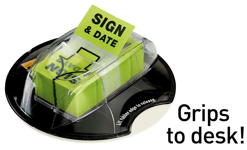 Post-it® Message Flags in Desk Grip Dispenser, 1" x 1 -11/16", 1 Pack, 200 Flags/Pack, "Sign & Date", Bright Green