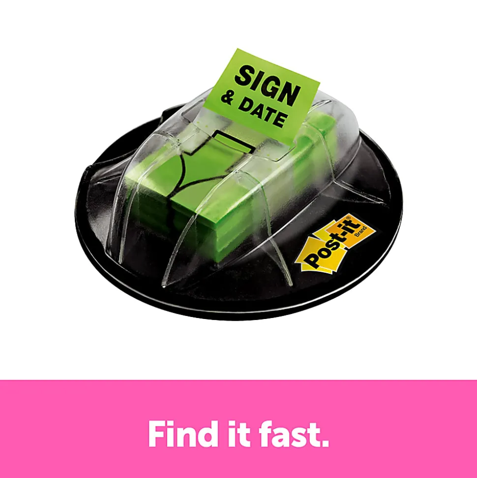Post-it® Message Flags in Desk Grip Dispenser, 1" x 1 -11/16", 1 Pack, 200 Flags/Pack, "Sign & Date", Bright Green