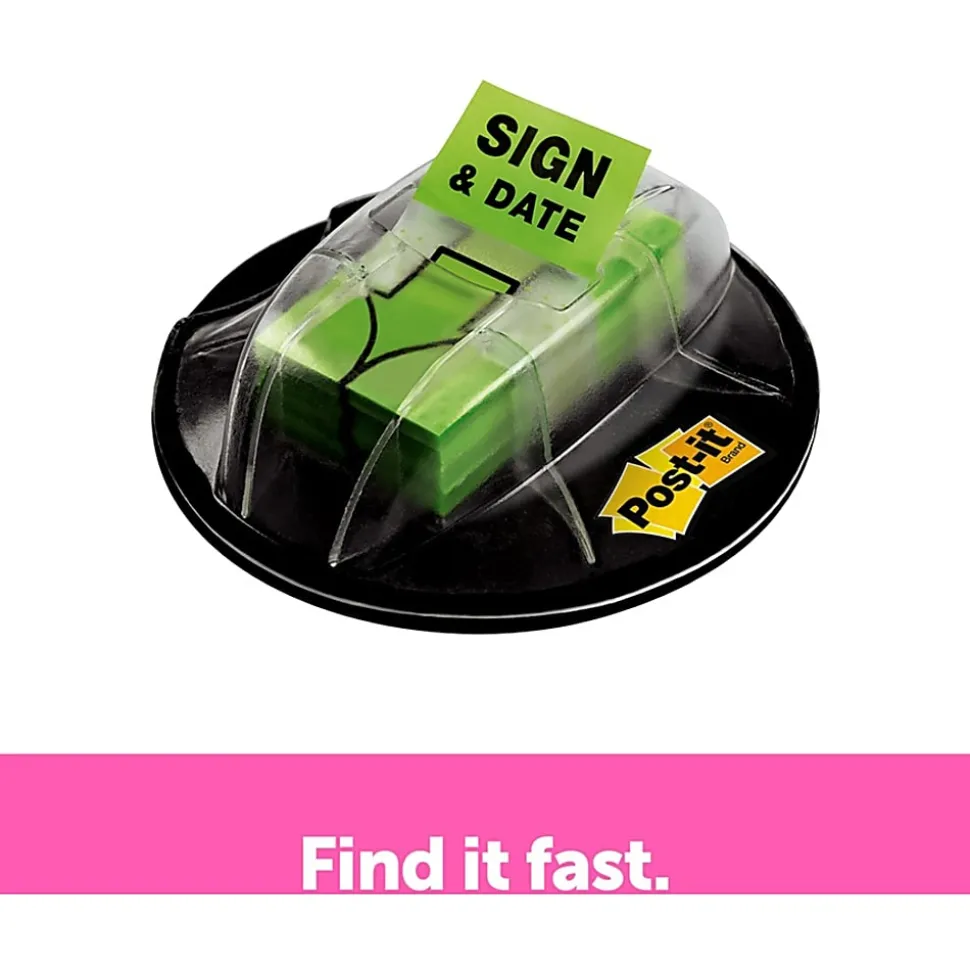 Post-it® Message Flags in Desk Grip Dispenser, 1" x 1 -11/16", 1 Pack, 200 Flags/Pack, "Sign & Date", Bright Green