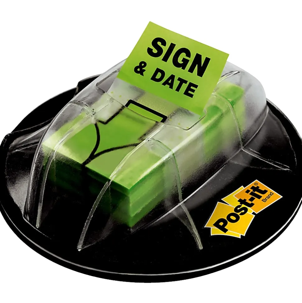 Post-it® Message Flags in Desk Grip Dispenser, 1" x 1 -11/16", 1 Pack, 200 Flags/Pack, "Sign & Date", Bright Green