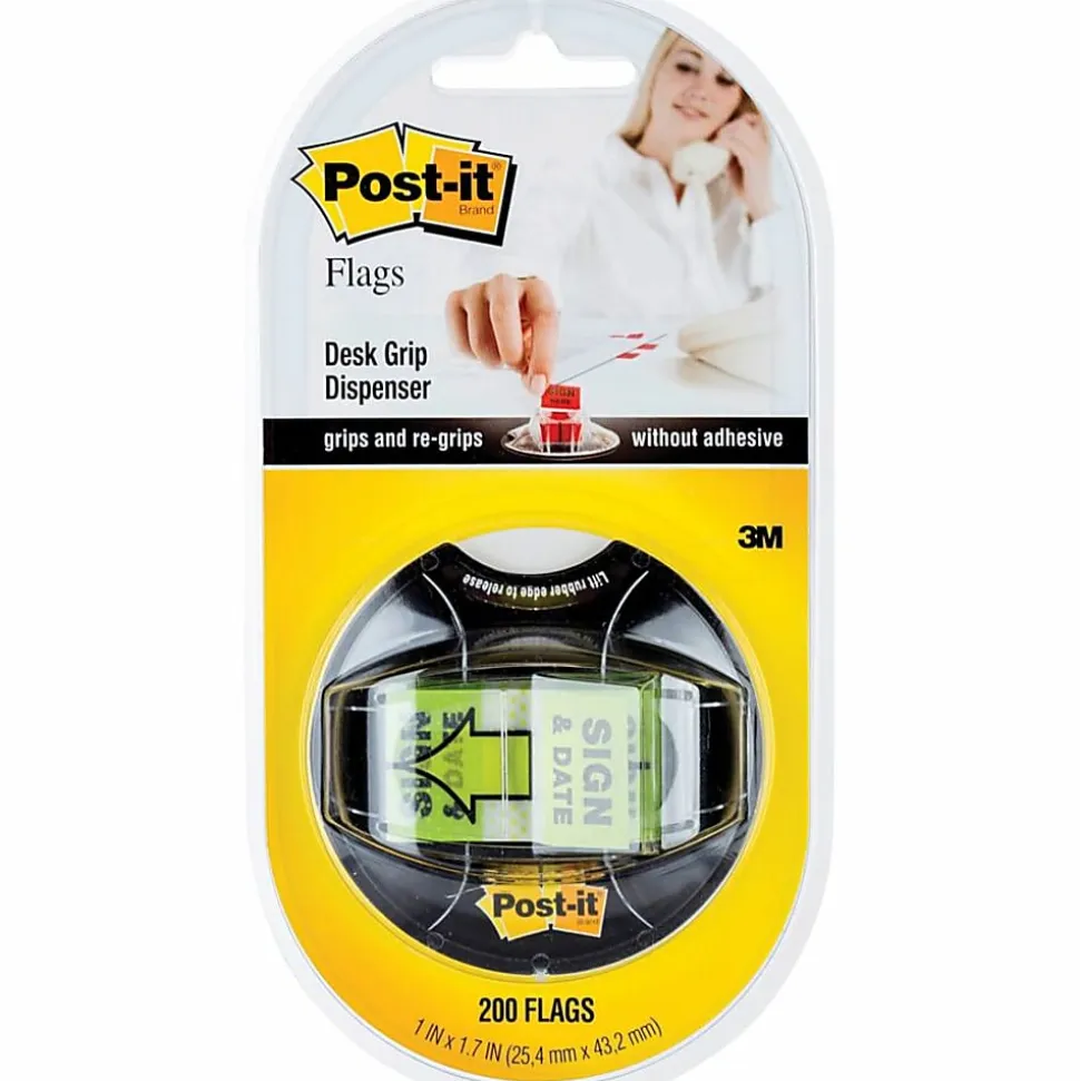 Post-it® Message Flags in Desk Grip Dispenser, 1" x 1 -11/16", 1 Pack, 200 Flags/Pack, "Sign & Date", Bright Green