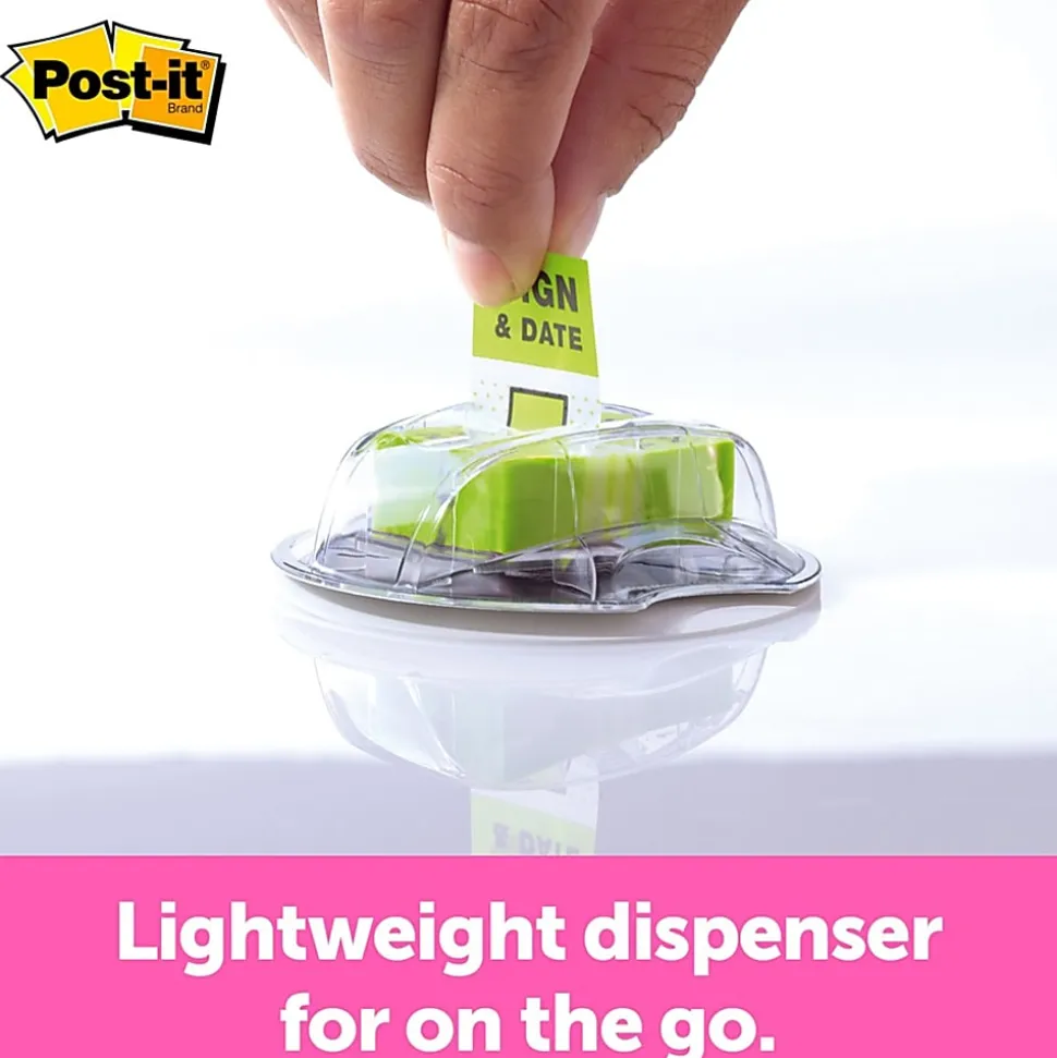Post-it® Message Flags in Desk Grip Dispenser, 1" x 1 -11/16", 1 Pack, 200 Flags/Pack, "Sign & Date", Bright Green