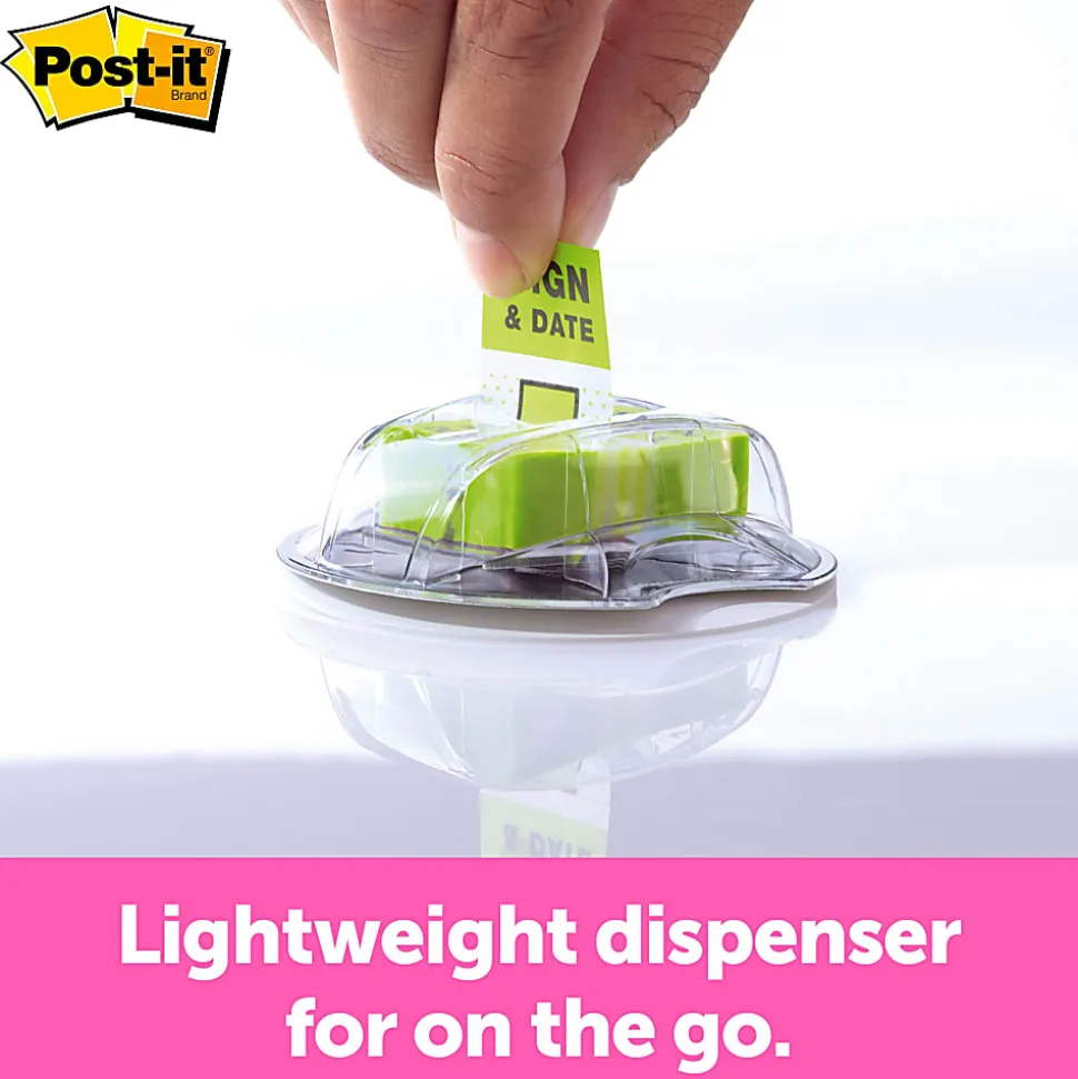 Post-it® Message Flags in Desk Grip Dispenser, 1" x 1 -11/16", 1 Pack, 200 Flags/Pack, "Sign & Date", Bright Green