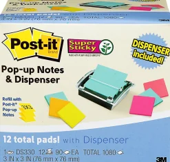 Post-it® Note Dispenser, 3 x 3 in, 12 Sticky Note Pads, 90 Sheets/pad, Sticky Note Holder, Black Base, Clear Top, Classroom or Office Supplies