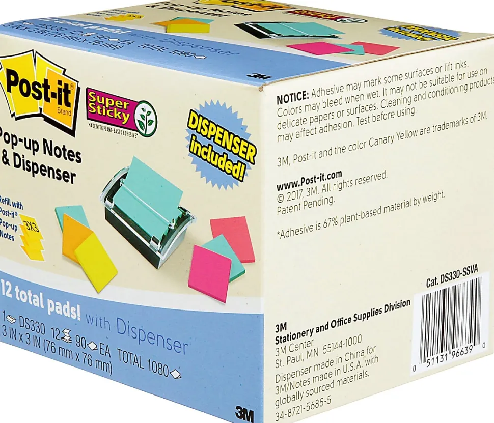 Post-it® Note Dispenser, 3 x 3 in, 12 Sticky Note Pads, 90 Sheets/pad, Sticky Note Holder, Black Base, Clear Top, Classroom or Office Supplies