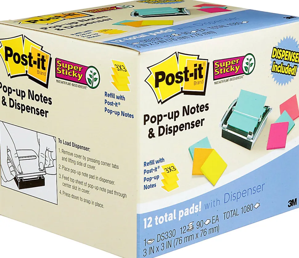 Post-it® Note Dispenser, 3 x 3 in, 12 Sticky Note Pads, 90 Sheets/pad, Sticky Note Holder, Black Base, Clear Top, Classroom or Office Supplies