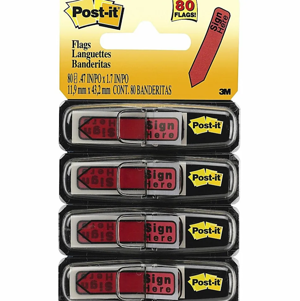 Post-it® Notes Arrow Flags, " Sign Here", 1/2", Red, 20 Flags Per Pad, Pack Of 4 Pads