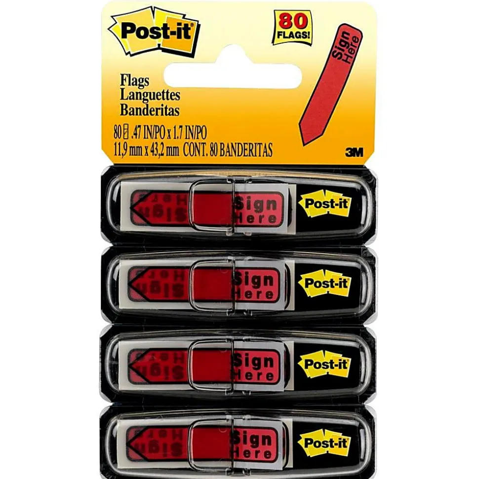 Post-it® Notes Arrow Flags, " Sign Here", 1/2", Red, 20 Flags Per Pad, Pack Of 4 Pads