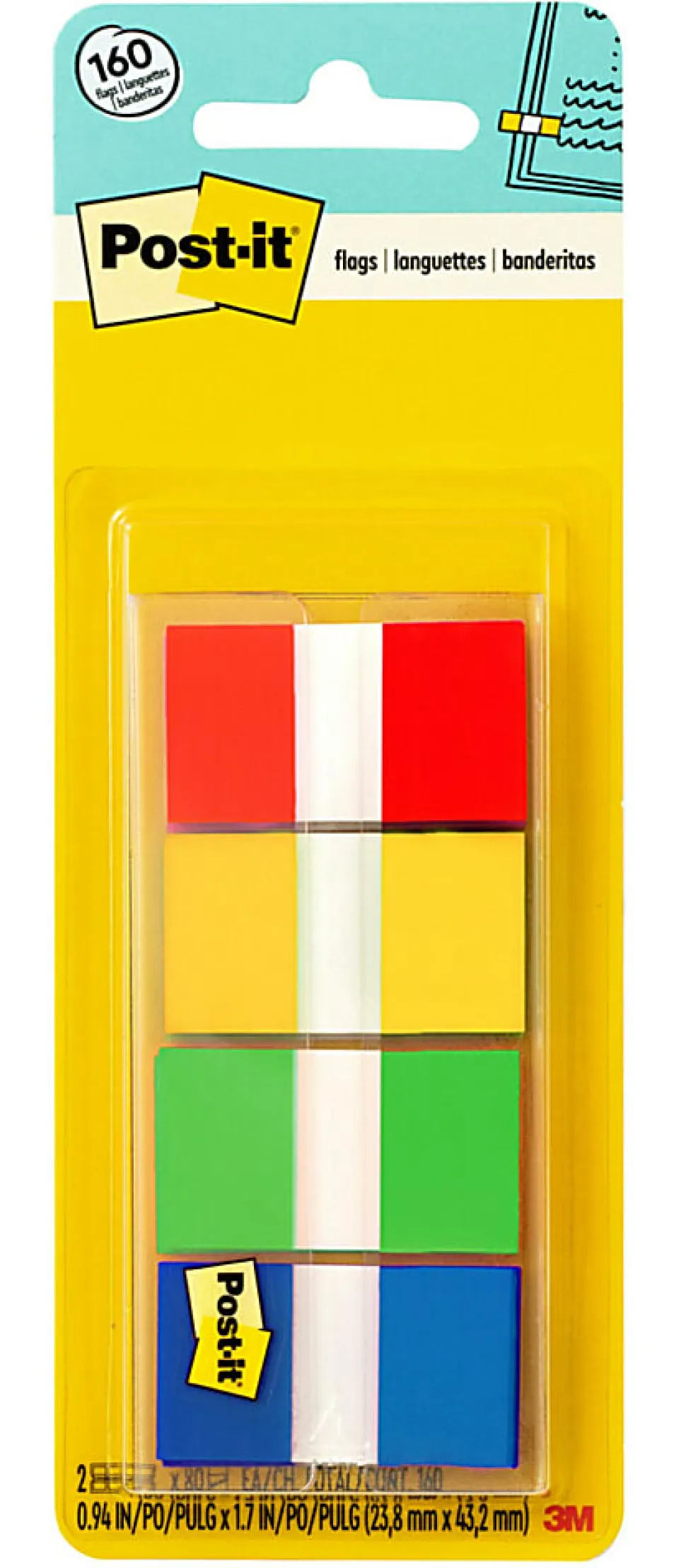 Post-it® Notes Flags, 1", Assorted Colors, 40 Flags Per Pad, Pack Of 4 Pads