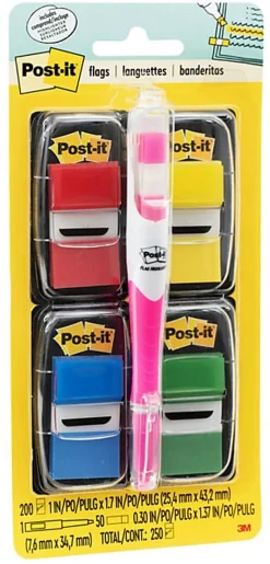 Post-it® Notes Flags, With Flag Gel Pen, Assorted Primary Colors, 50 Flags Per Pad, Pack Of 4 Pads