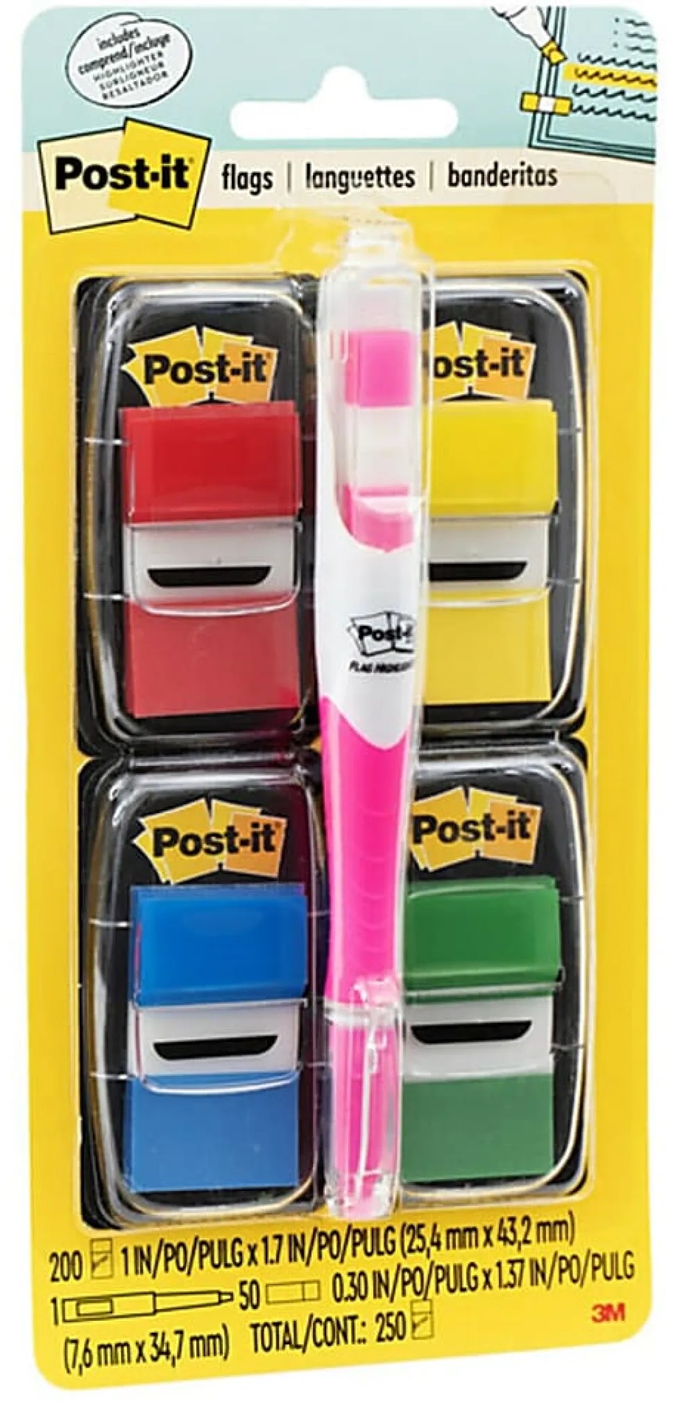 Post-it® Notes Flags, With Flag Gel Pen, Assorted Primary Colors, 50 Flags Per Pad, Pack Of 4 Pads