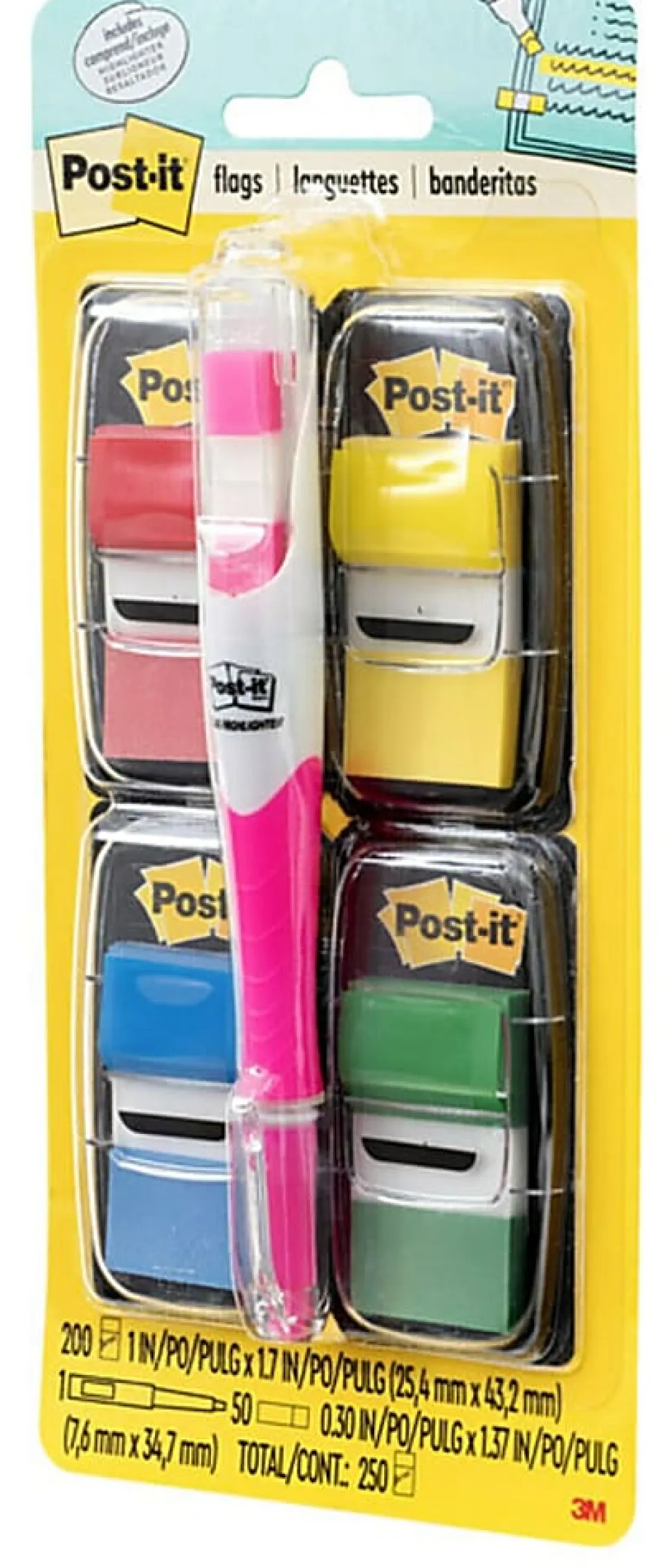 Post-it® Notes Flags, With Flag Gel Pen, Assorted Primary Colors, 50 Flags Per Pad, Pack Of 4 Pads
