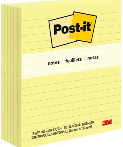 Post-it® Notes, 3 in x 5 in, 12 Pads, 100 Sheets/Pad, Clean Removal, Canary Yellow, Lined