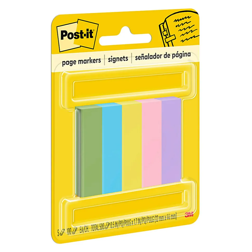 Post-it® Notes Page Markers, 1/2" x 2", Jewel Pop Colors, 100 Per Pad, Pack Of 5 Pads