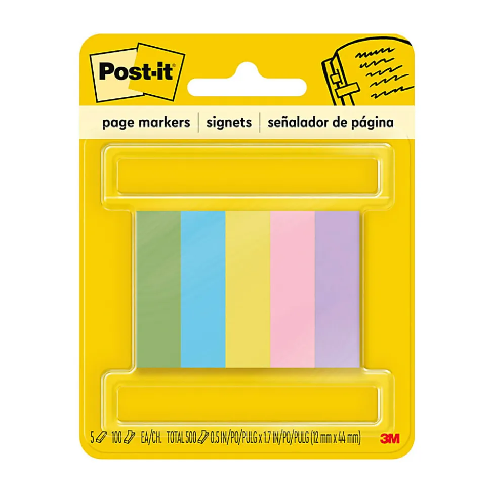 Post-it® Notes Page Markers, 1/2" x 2", Jewel Pop Colors, 100 Per Pad, Pack Of 5 Pads