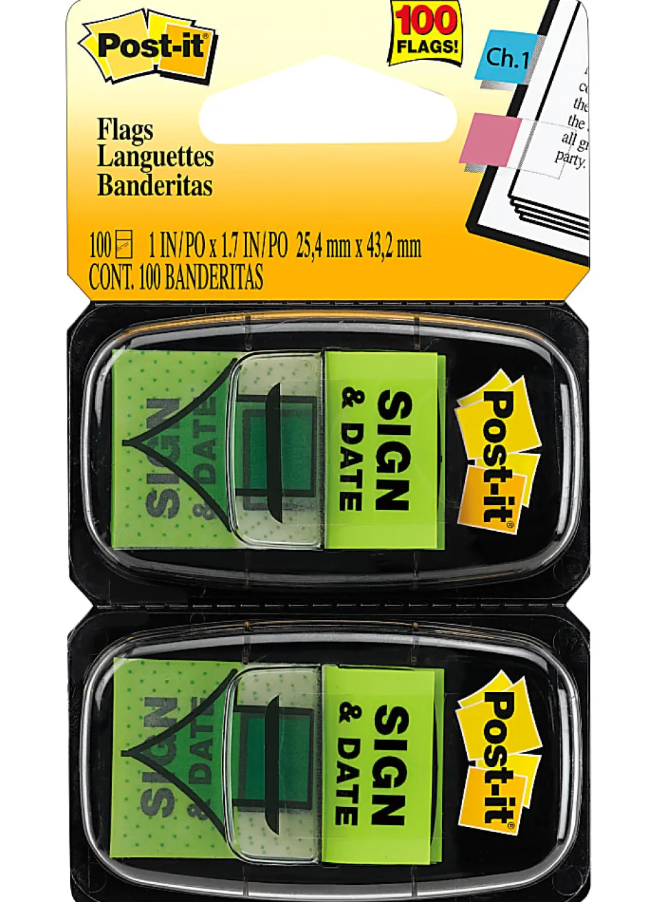 Post-it® Notes Sign & Date Printed Flags, 1" x 1-7/10", Green, 50 Flags Per Pad, Pack Of 2 Pads