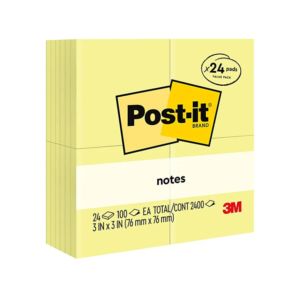 Post-it® Notes, 3 x 3 in, 24 Bulk Sticky Note Pads, 100 Sheets/Pad, School Supplies and Office Products, The Iconic Canary Yellow Note