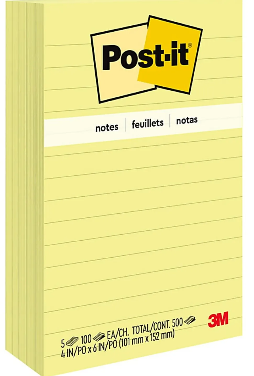 Post-it® Notes, 4 x 6 in, 5 Lined Sticky Note Pads, 100 Sheets/Pad, School Supplies and Office Products, The Iconic Canary Yellow Note