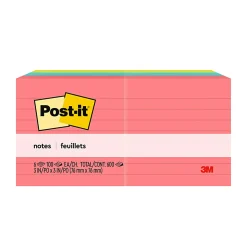 Post-it® Notes, 3 x 3 in, 6 Lined Sticky Note Pads, 100 Sheets/Pad, Office Products, Notes for Vertical Surfaces and Monitors, Poptimistic
