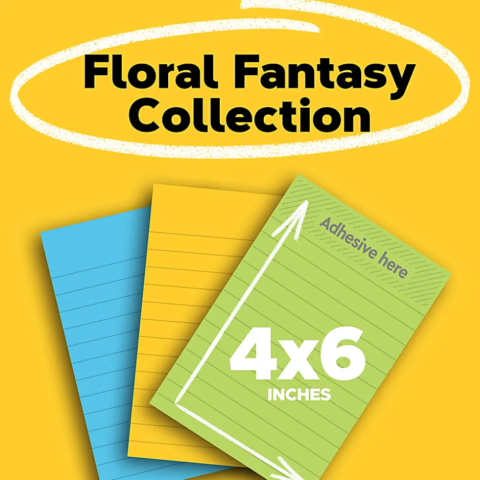 Post-it® Notes, 4 x 6 in, 3 Lined Sticky Note Pads, 3 Pads, 100 Sheets/Pad, School Supplies and Office Products, Floral Fantasy