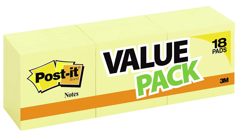 Post-it® Notes, 3 x 3 in, 18 Sticky Note Pads, 100 Sheets/Pad, School Supplies and Office Products, Sticky Notes for Vertical Surfaces and Monitors