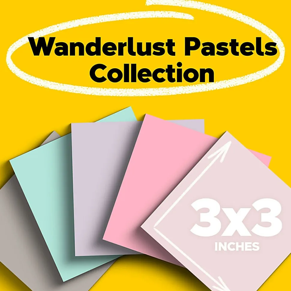 Post-it® 100% Recycled Paper Super Sticky Notes, 3 x 3 in, 5 Sticky Note Pads, 70 Sheets/Pad, School Supplies and Office Products, Wanderlust Pastels