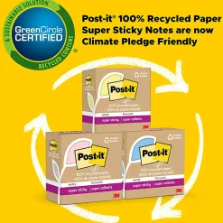 Post-it® 100% Recycled Paper Super Sticky Notes, 3 x 3 in, 5 Sticky Note Pads, 70 Sheets/Pad, School Supplies and Office Products, Wanderlust Pastels
