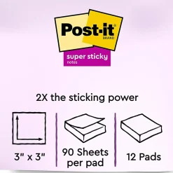 Post-it® Recycled Super Sticky Notes, 12 Pads, 90 Sheets, 3 in x 3 in, 2x Sticking Power, School Supplies & Office Products - 65412SST