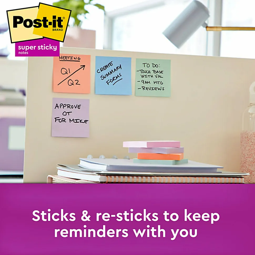 Post-it® Recycled Super Sticky Notes, 3 in x 3 in, 12 Pads, 90 Sheets/Pad, 2x the Sticking Power, Wanderlust Pastels Collection, 30% Recycled