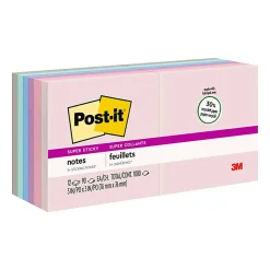 Post-it® Recycled Super Sticky Notes, 3 in x 3 in, 12 Pads, 90 Sheets/Pad, 2x the Sticking Power, Wanderlust Pastels Collection, 30% Recycled
