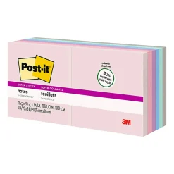 Post-it® Recycled Super Sticky Notes, 3 in x 3 in, 12 Pads, 90 Sheets/Pad, 2x the Sticking Power, Wanderlust Pastels Collection, 30% Recycled