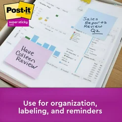 Post-it® Recycled Super Sticky Notes, 3 in x 3 in, 12 Pads, 90 Sheets/Pad, 2x the Sticking Power, Wanderlust Pastels Collection, 30% Recycled
