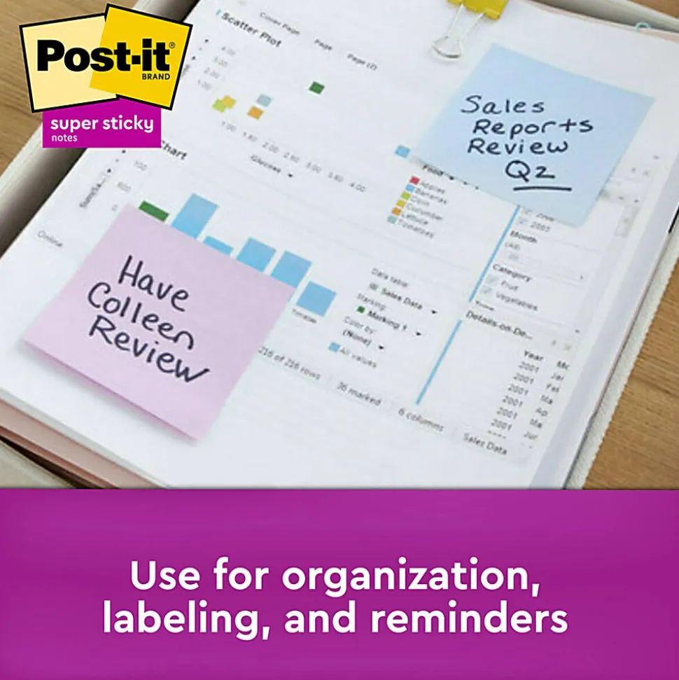 Post-it® Recycled Super Sticky Notes, 3 in x 3 in, 12 Pads, 90 Sheets/Pad, 2x the Sticking Power, Wanderlust Pastels Collection, 30% Recycled