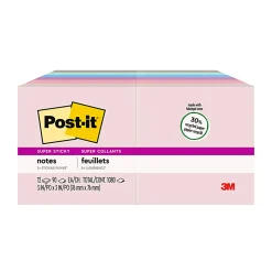 Post-it® Recycled Super Sticky Notes, 3 in x 3 in, 12 Pads, 90 Sheets/Pad, 2x the Sticking Power, Wanderlust Pastels Collection, 30% Recycled