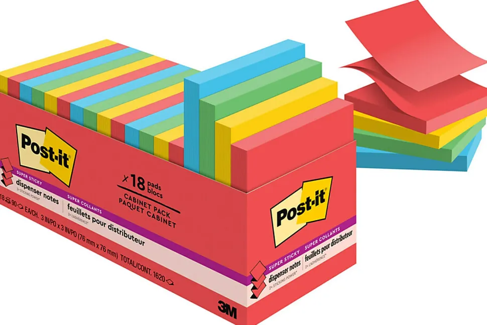 Post-it® Super Sticky Dispenser Notes, 1800 Total Notes, Pack Of 18 Pads, 3" x 3", Playful Primaries Collection, 100 Notes Per Pad
